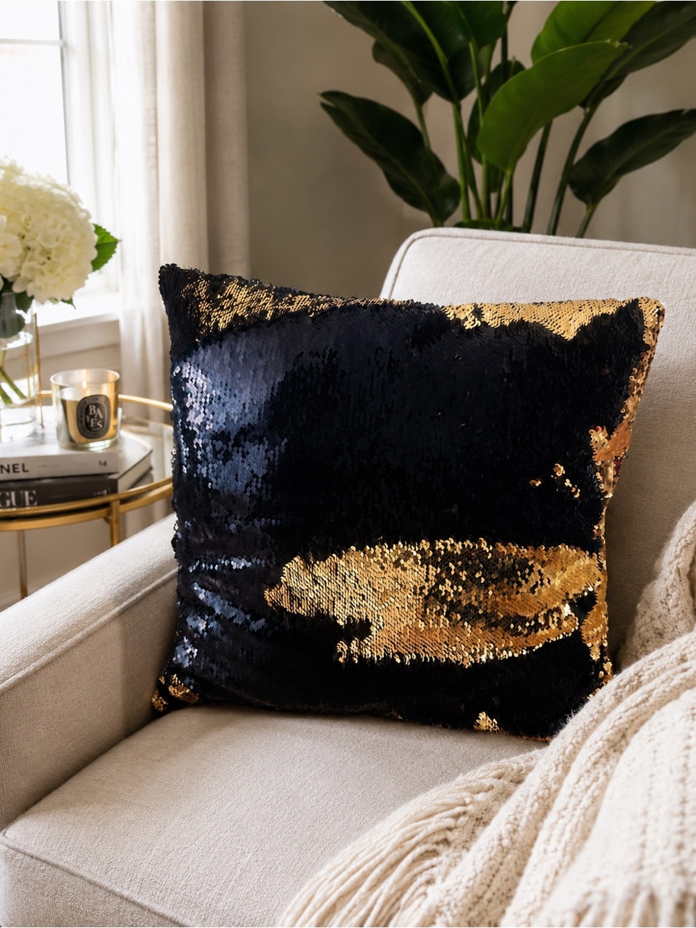 Reversible Mermaid Sequin Throw Pillow Black Gold Flip Sequin Accent 16x16